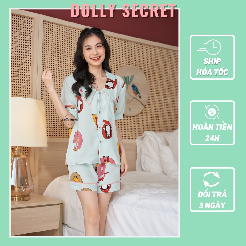 Bộ mặc nhà lụa mango kiểu dáng Pijama cộc tay màu xanh mint mát lạnh DOLLY SECRET CC11