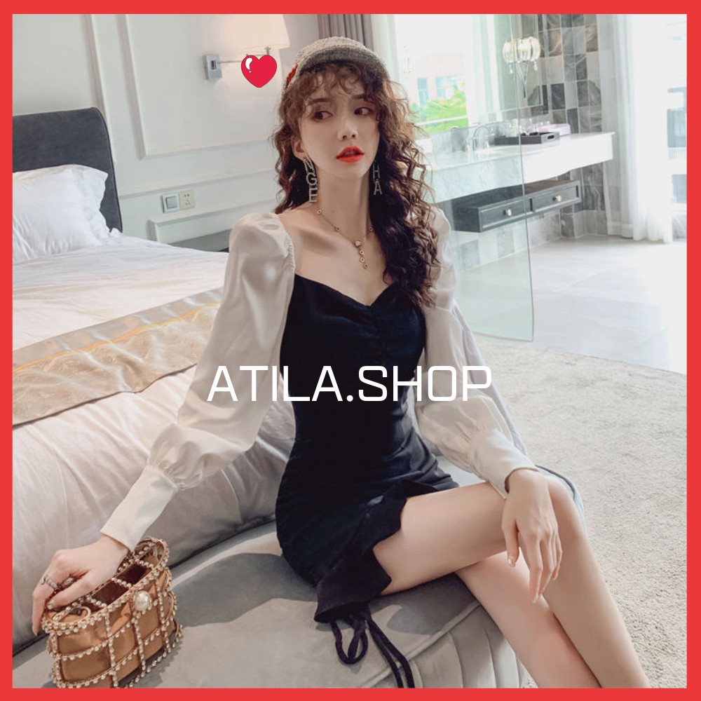 Đầm nữ , váy đầm đuôi cá rút dây , tay áo dài bồng bềnh dáng váy ôm body siêu cực hót ATILA.SHOP