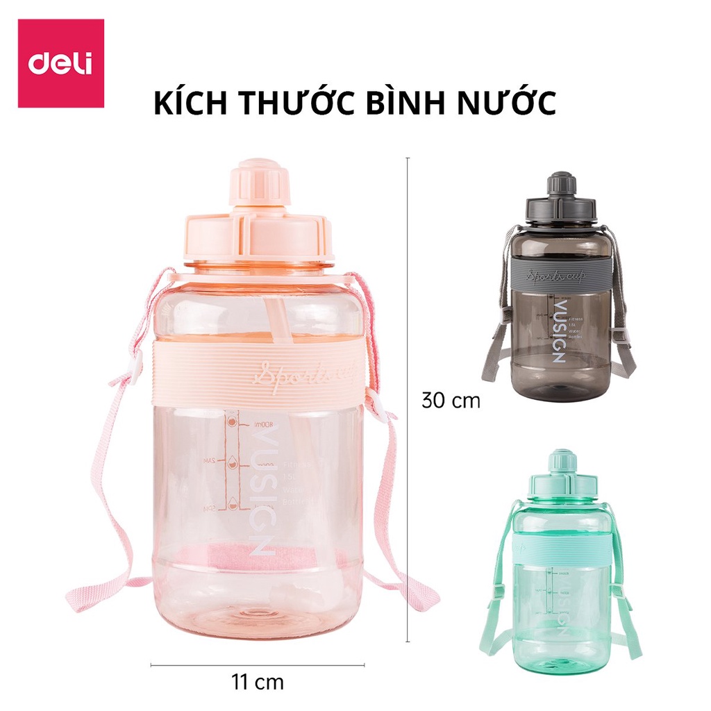 Bình nước 1.5 lít Deli - KHÔNG MÙI NHỰA, THIẾT KẾ MỚI, AN TOÀN với sức khoẻ có giấy kiểm định chất lượng