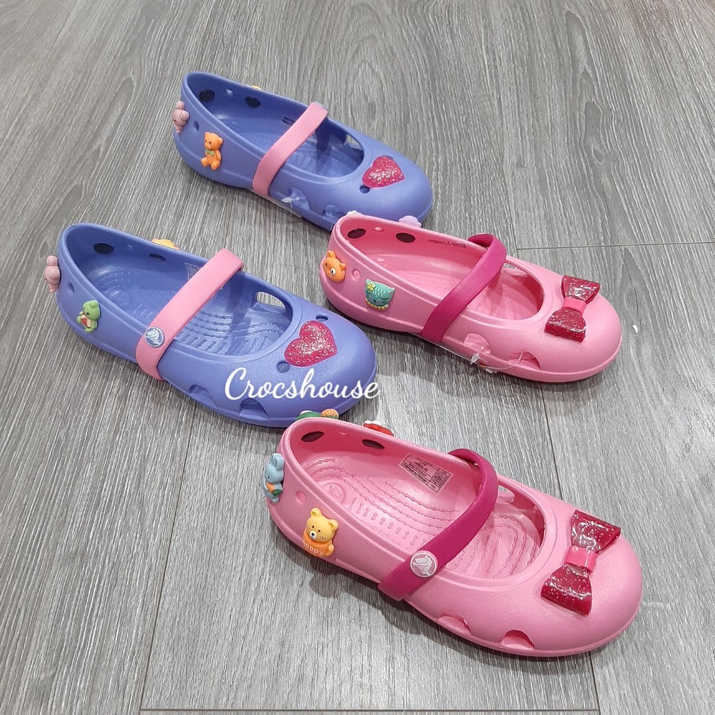 (Hàng cao cấp) Giày búp bê crocs bé gái keely hồng nơ, màu tím trái tim tặng kèm jibbitz sticker - Crocs house