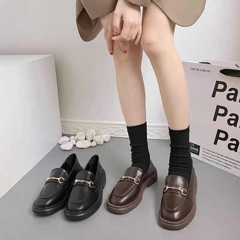 DA MỀM CÓ SẴN Giày Moccasin Moca Nữ mũi vuông đế 3cm da lì mềm màu đen và nâu dẫm gót fullbox freeship