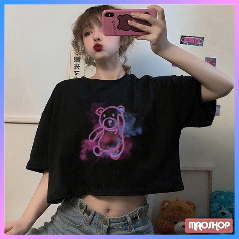 Áo croptop form rộng tay lỡ, Áo thun croptop nữ form rộng in hình gấu ulzzang Hàn Quốc C69 - Maoshop