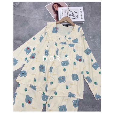 Bộ đồ bầu Pyjama cổ sen _ B068 chất đũi lạnh và cho con bú khoá ngực tiện lợi