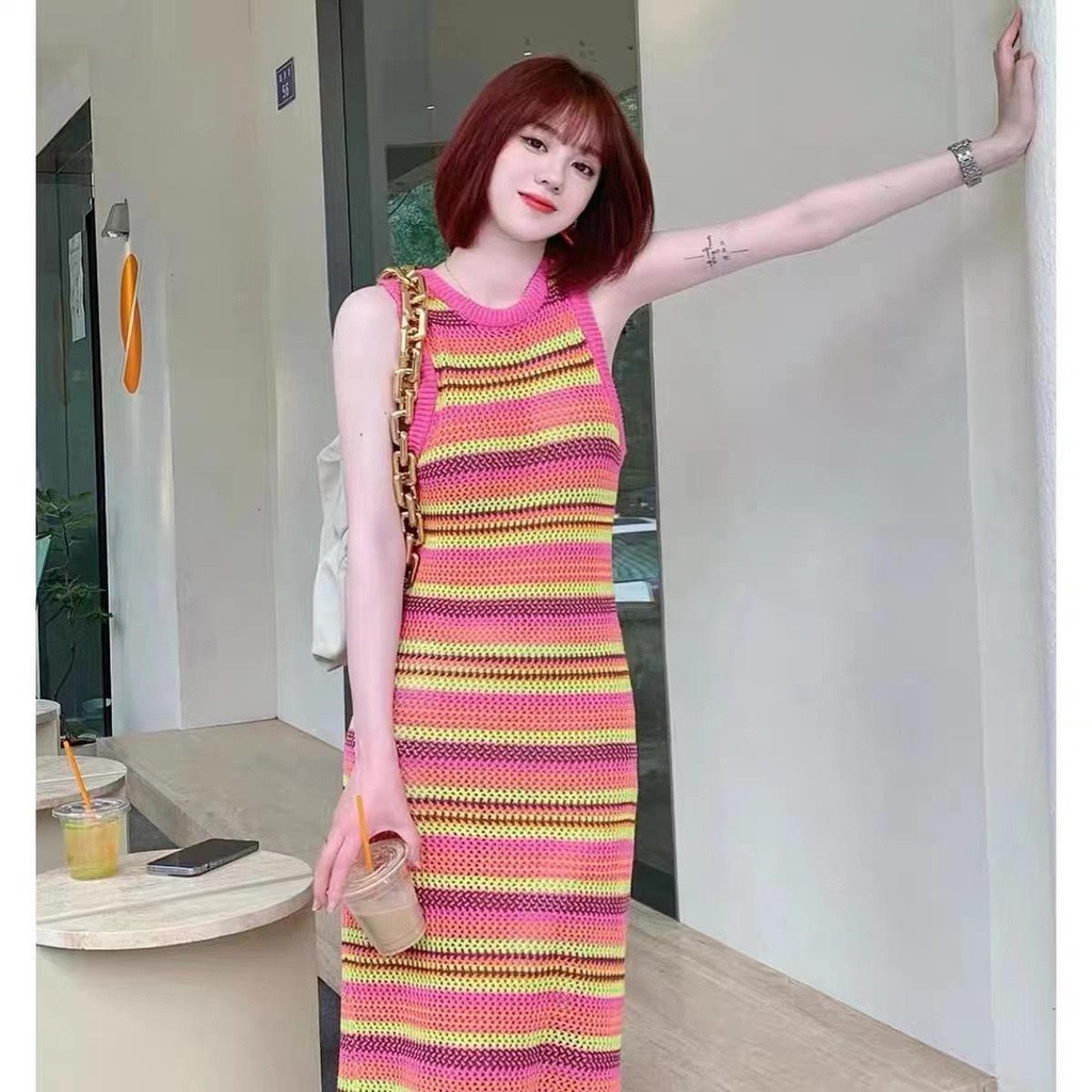 Váy sát nách cổ tròn lưới phối màu cầu vồng cá tính