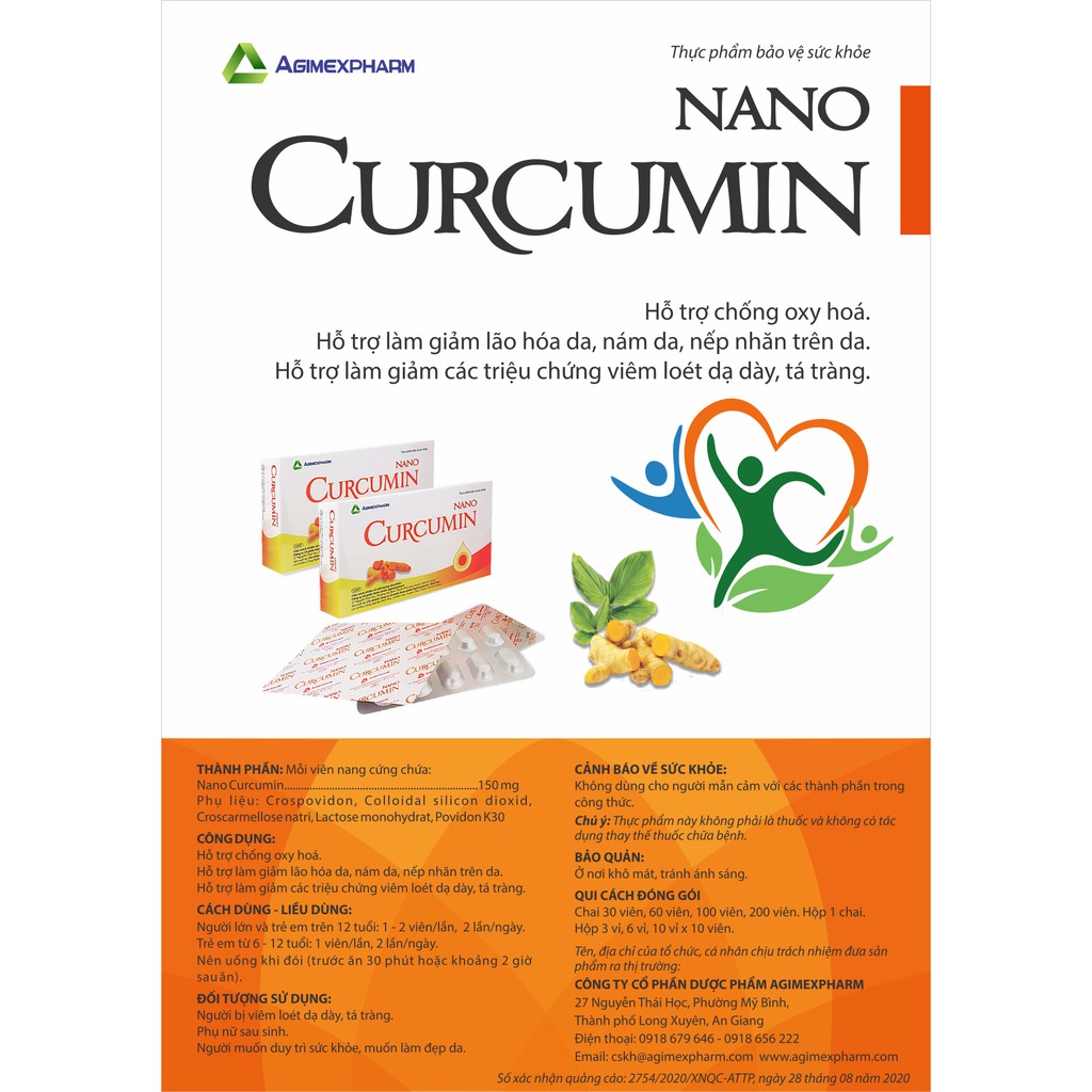 Viên uống curcumin nghệ, hỗ trợ giảm nám da và giảm viêm loét dạ dày, giảm đau dạ dày - Nano Curcumin - Hộp 30 viên