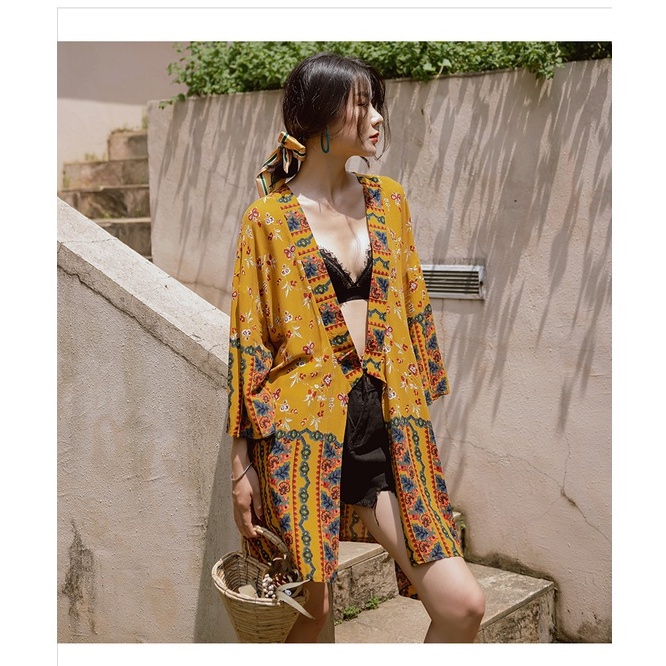 Áo Khoác Cardigan MUOJ Tay Lửng In Họa Tiết Hoa Vàng - Phong Cách Boho