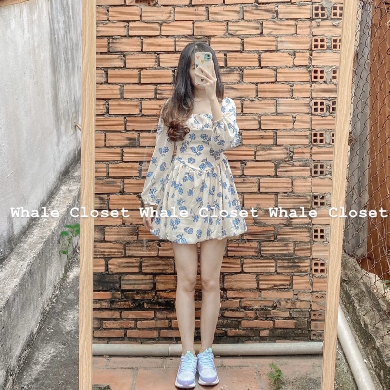 -Đầm váy hoa xanh cổ vuông tay bồng dáng bí siêu vintage nàng thơ | BigBuy360 - bigbuy360.vn