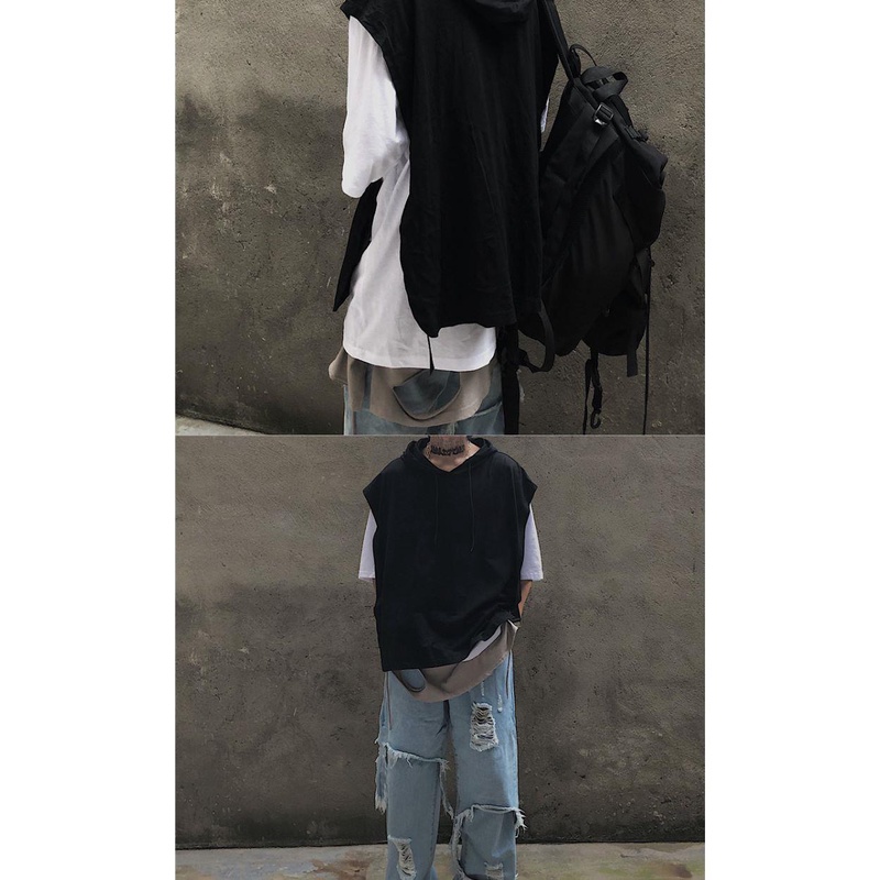 Áo hoodie giả hai lớp/ Áo thun trơn tay ngắn màu tối thời trang mùa hè phong cách thời trang cho cặp đôi