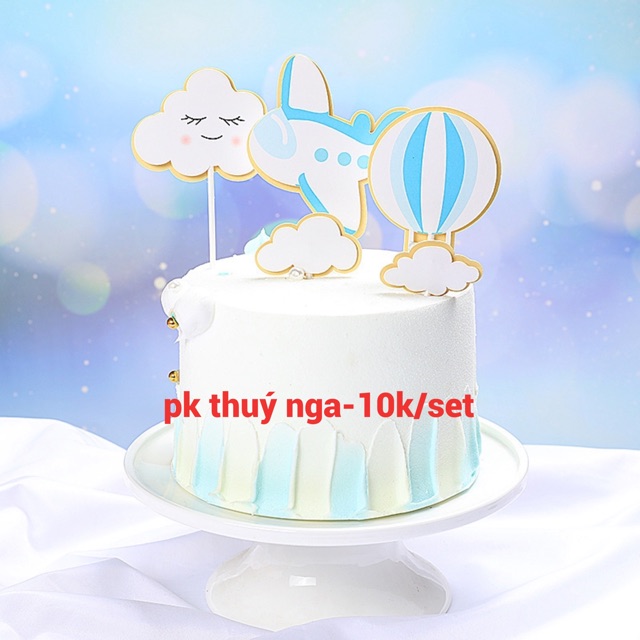 5 Set cắm Khinh khí cầu + mây ngủ + máy bay xanh trắng-Q3898