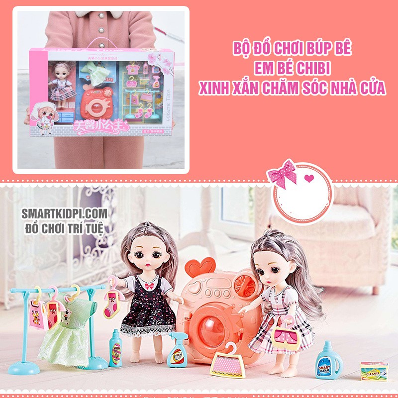 Bộ đồ chơi búp bê em bé Chibi xinh xắn chăm sóc nhà cửa và phụ kiện máy giặt, giá phơi, quần áo đáng yêu