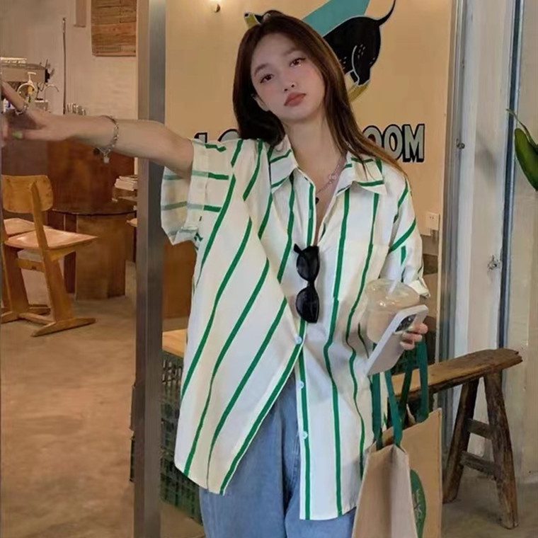 Áo Sơ Mi Ngắn Tay Họa Tiết Kẻ Sọc Màu Sắc Tương Phản Thời Trang Mùa Hè