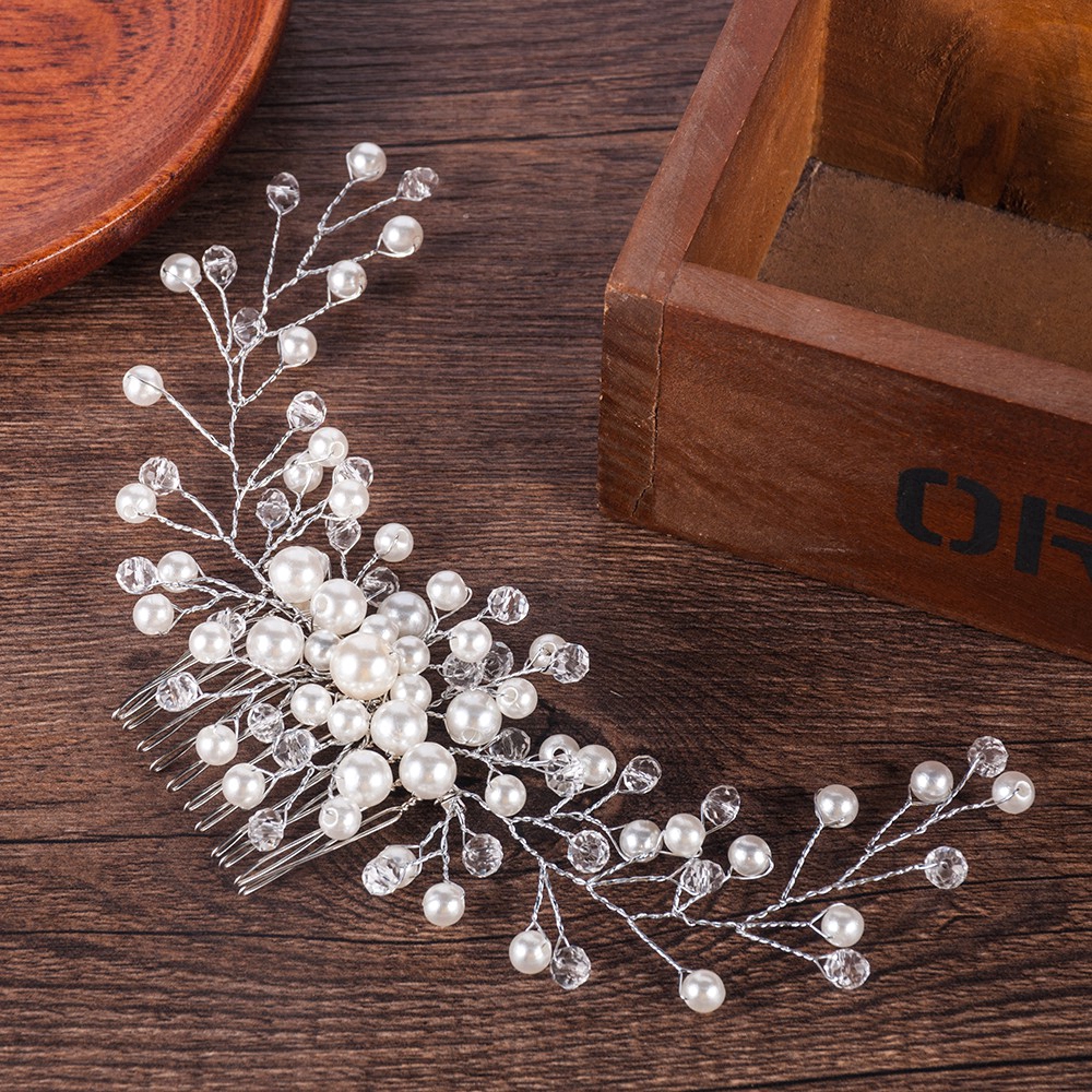 Cài tóc hình chiếc lá đính ngọc trai giả thanh lịch cho cô dâu