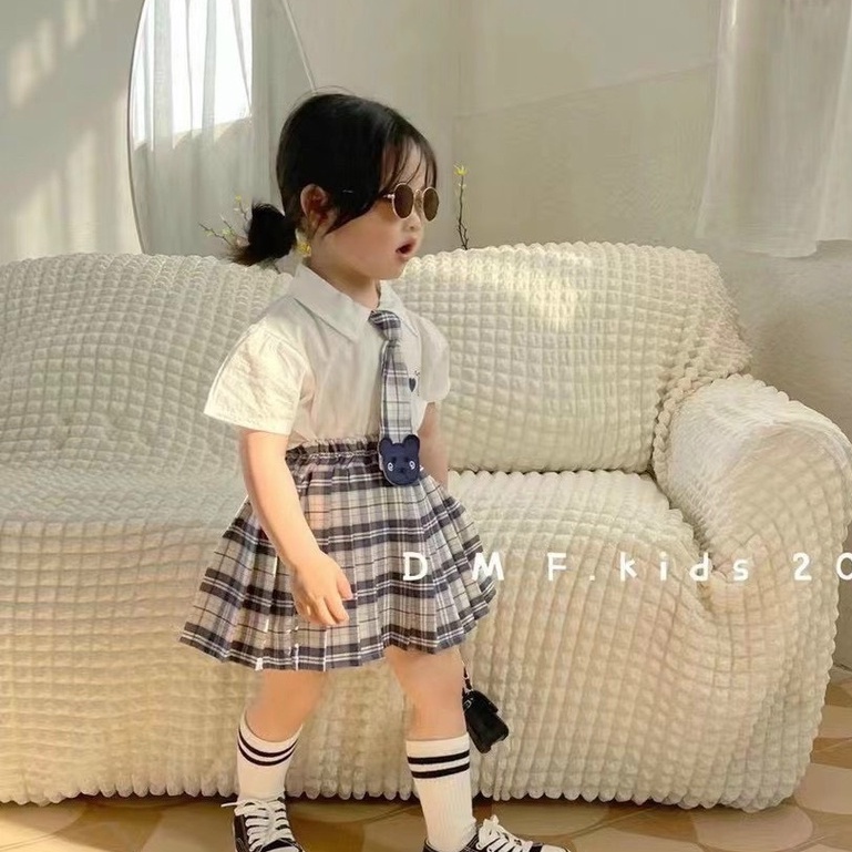 SET63- Váy cho bé, set đồng phục nữ sinh, cà vạt gấu bé gái kiểu Hàn Quốc cho bé từ 8-17kg