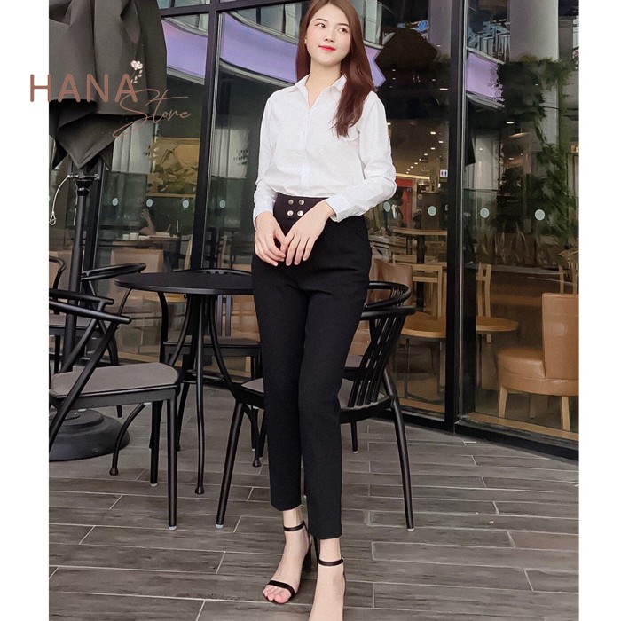 Quần baggy tây đen nữ cạp viền cao đi học làm công sở phối 4 cúc bấm - Dáng dài ống bằng - Vải tuyết mưa dày dặn mềm mịn