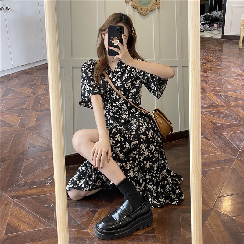 Đầm Midi Mùa Hè 2022 Dáng Ôm Tay Cộc Cao Cấp In Họa Tiết Hoa Cổ Điển Phong Cách Pháp Cho Nữ