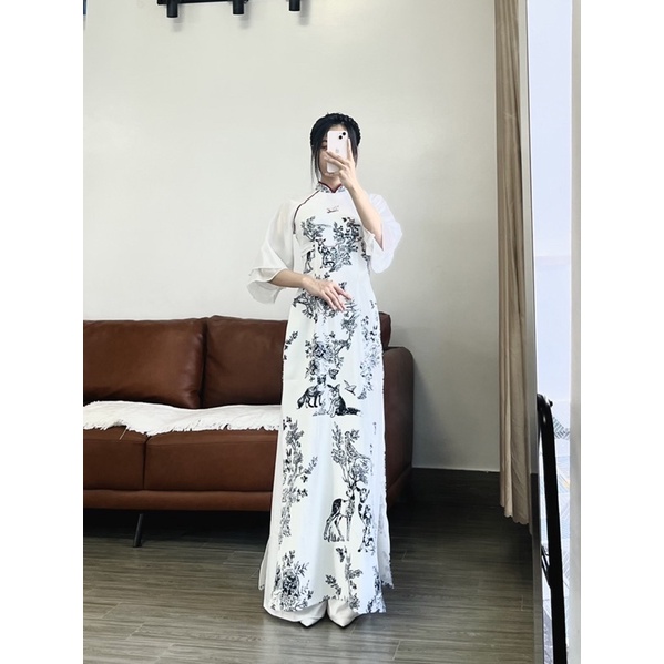 Áo Dài Thiết Kế In Hoạ Tiết Con Hươu Phối Tay Voan