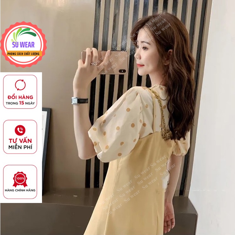 Váy Tiểu Thư 2 dây - Đầm yếm chấm bi Bánh Bèo Màu vàng chất cotton đi chơi, ăn tiệc, đi dạo | BigBuy360 - bigbuy360.vn