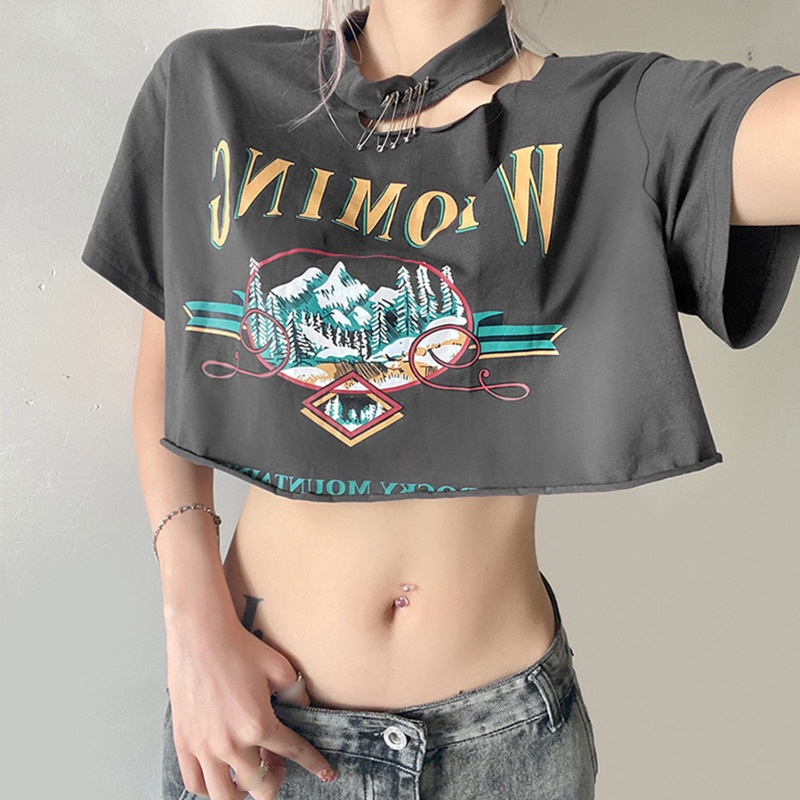 Brroa Áo Thun Crop Top Tay Ngắn Họa Tiết Pin Kim Loại Độc Đáo Oversized Cho Nữ
