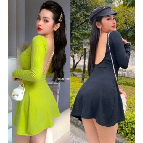 Đầm body dáng chữ A hở lưng chất thun Gân Len dày dặn co giãn 4 chiều có ảnh thật chính chủ