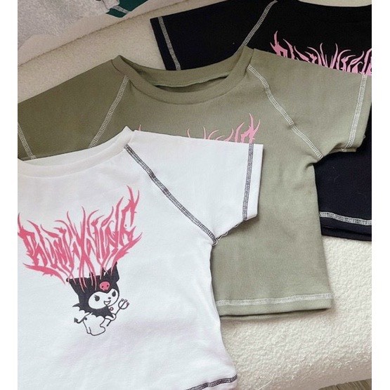 Áo Croptop Cổ Tròn Tay Ngắn Viền Chỉ In Hình Quỷ Siêu Ngầu