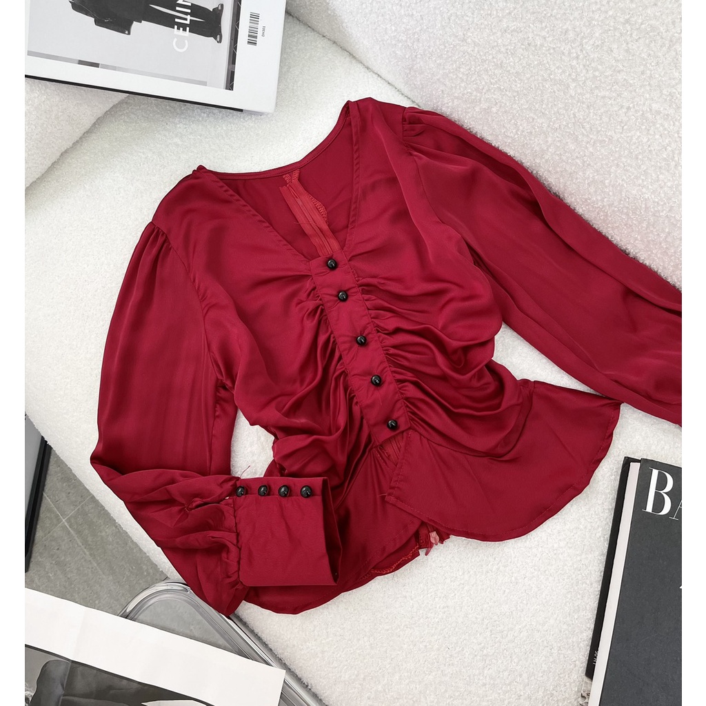 Áo peplum nữ, áo nữ kiểu tay dài cổ v nhíu ngực cực kỳ cá tính phối cúc xòe nhẹ cực xinh hàng cao cấp Diểm Shop | BigBuy360 - bigbuy360.vn