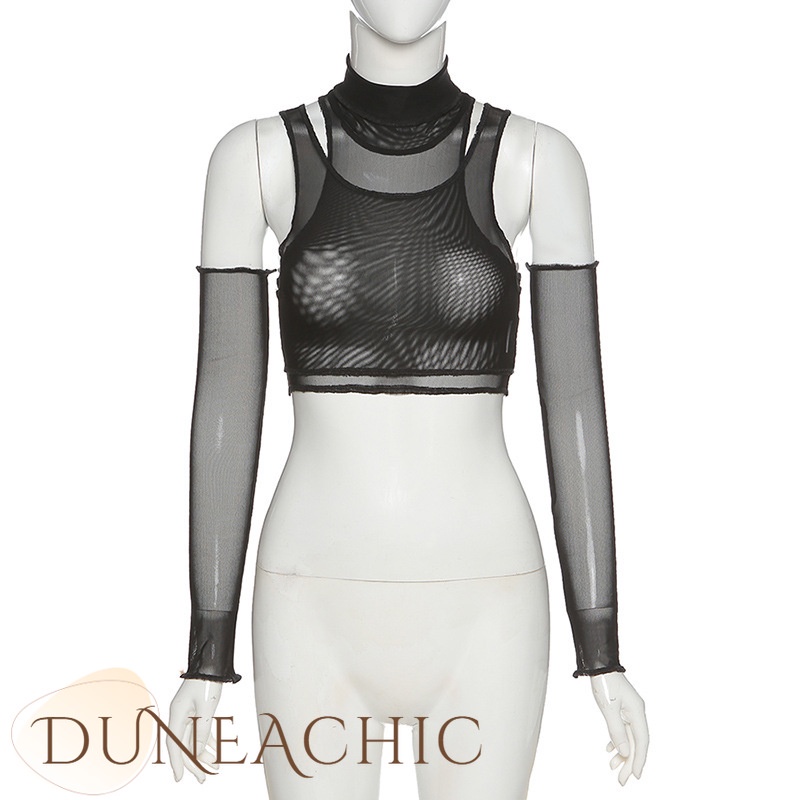 DUNEA Áo Tank Top Nữ Tay Ngắn Phối Lưới Xuyên Thấu Thời Trang