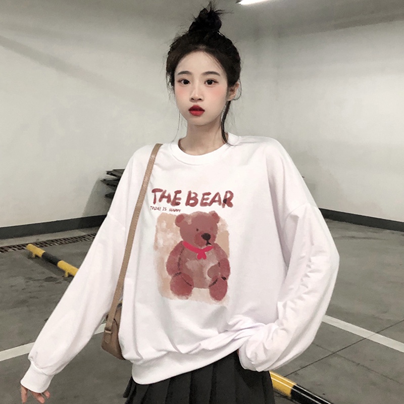 【ZHELIHANGFEI】Áo Thun Sweater Tay Dài Dáng Rộng In Hình Gấu Dễ Phối Đồ