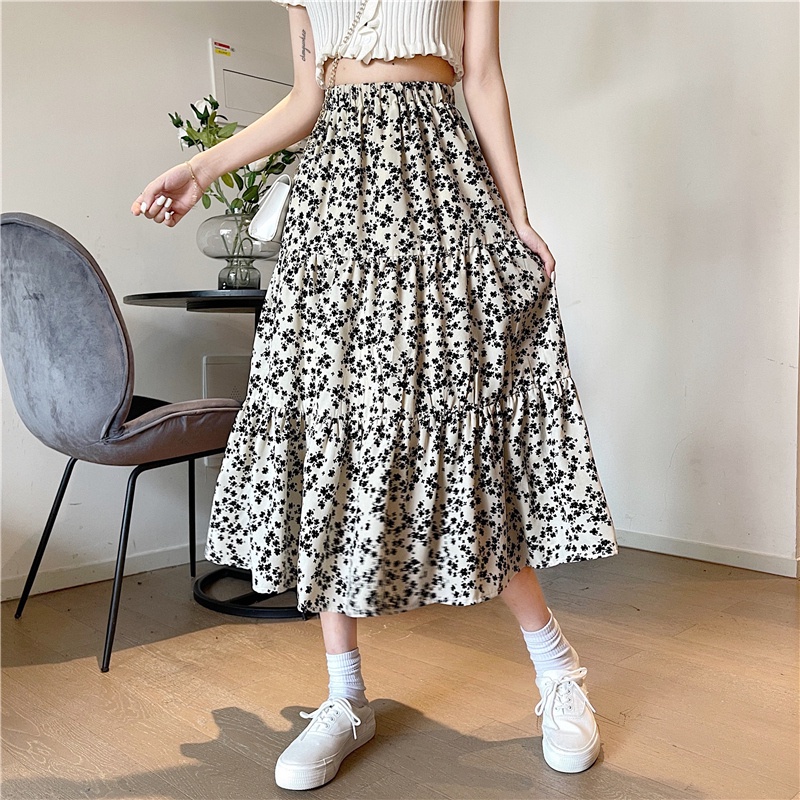 SUXI Chân váy hoa chữ A lưng cao co giãn phong cách retro cho nữ