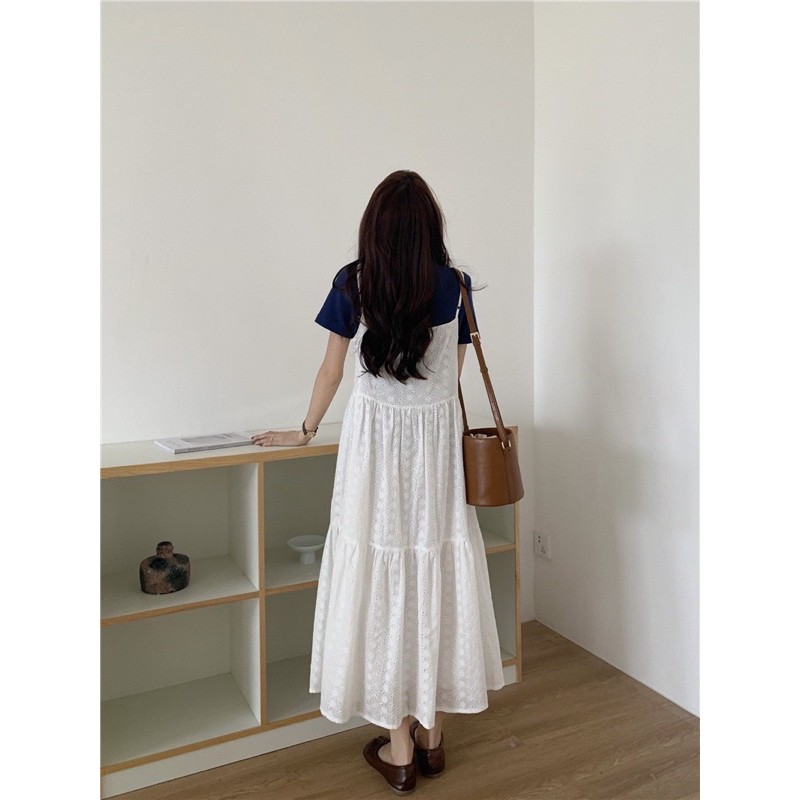 Đầm Babydoll trắng nữ 2 dây thêu hoa dập nổi có lớp lót – Da Nâu Vintage