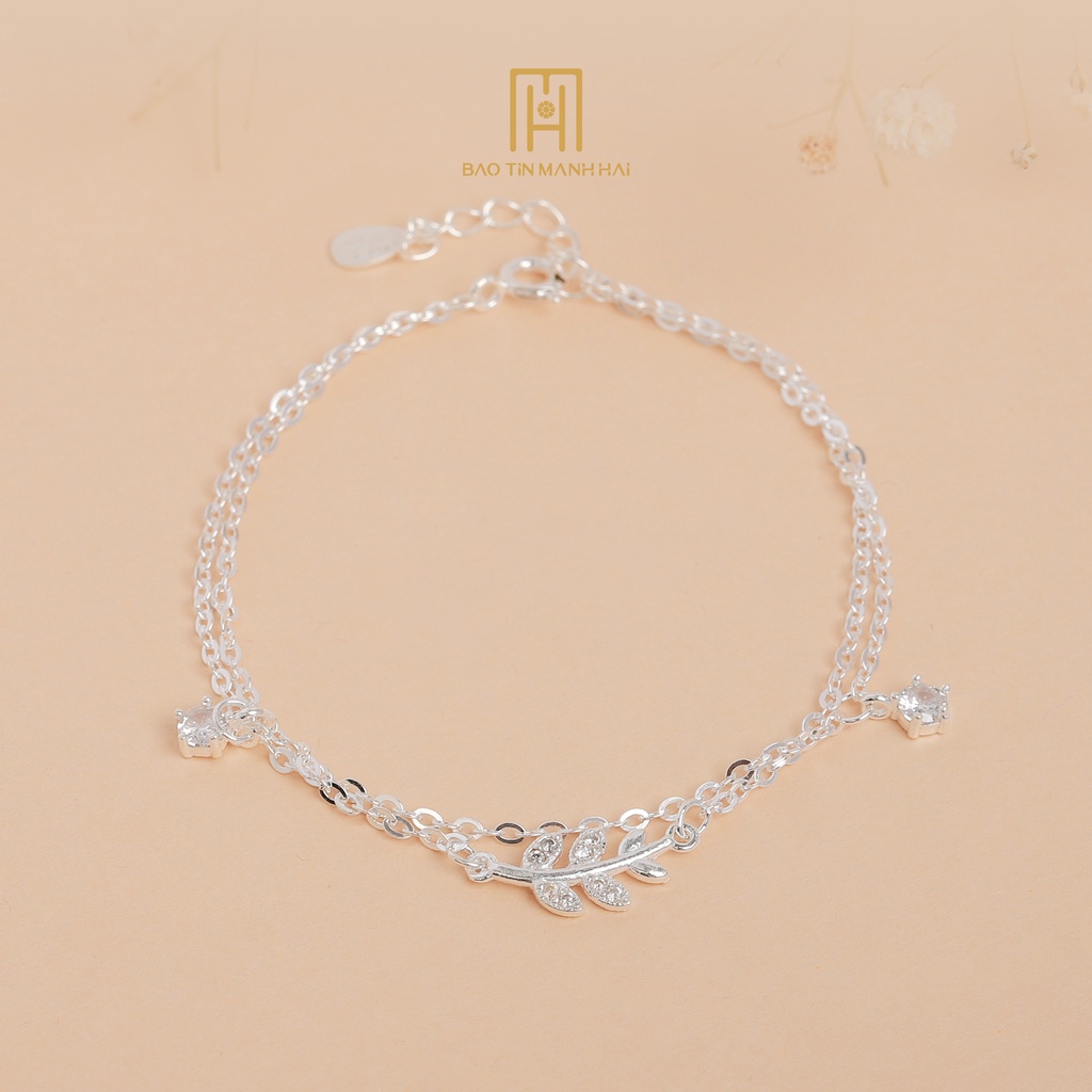 Lắc Tay Bạc Nữ Dây Kép Hình Lá Oliu nạm đá CZ cao cấp sáng lấp lánh LB15 Bảo Tín Mạnh Hải
