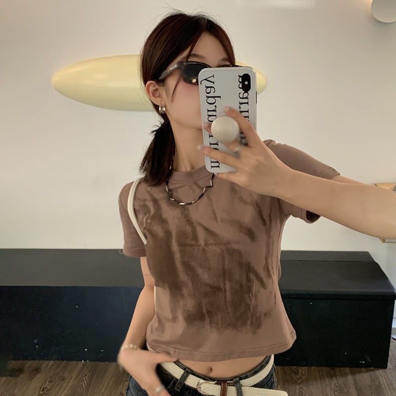 Áo Thun Croptop Cổ Tròn Dáng Ôm Phong Cách Retro Hàn Quốc Cho Nữ