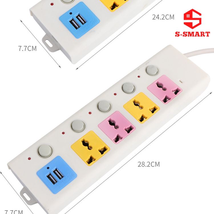 Ổ điện - ổ cắm điện đa năng, dây dài 5m, cổng sạc nhanh USB 5V-1-2.1A, công suất 2500W, hàng xuất thái