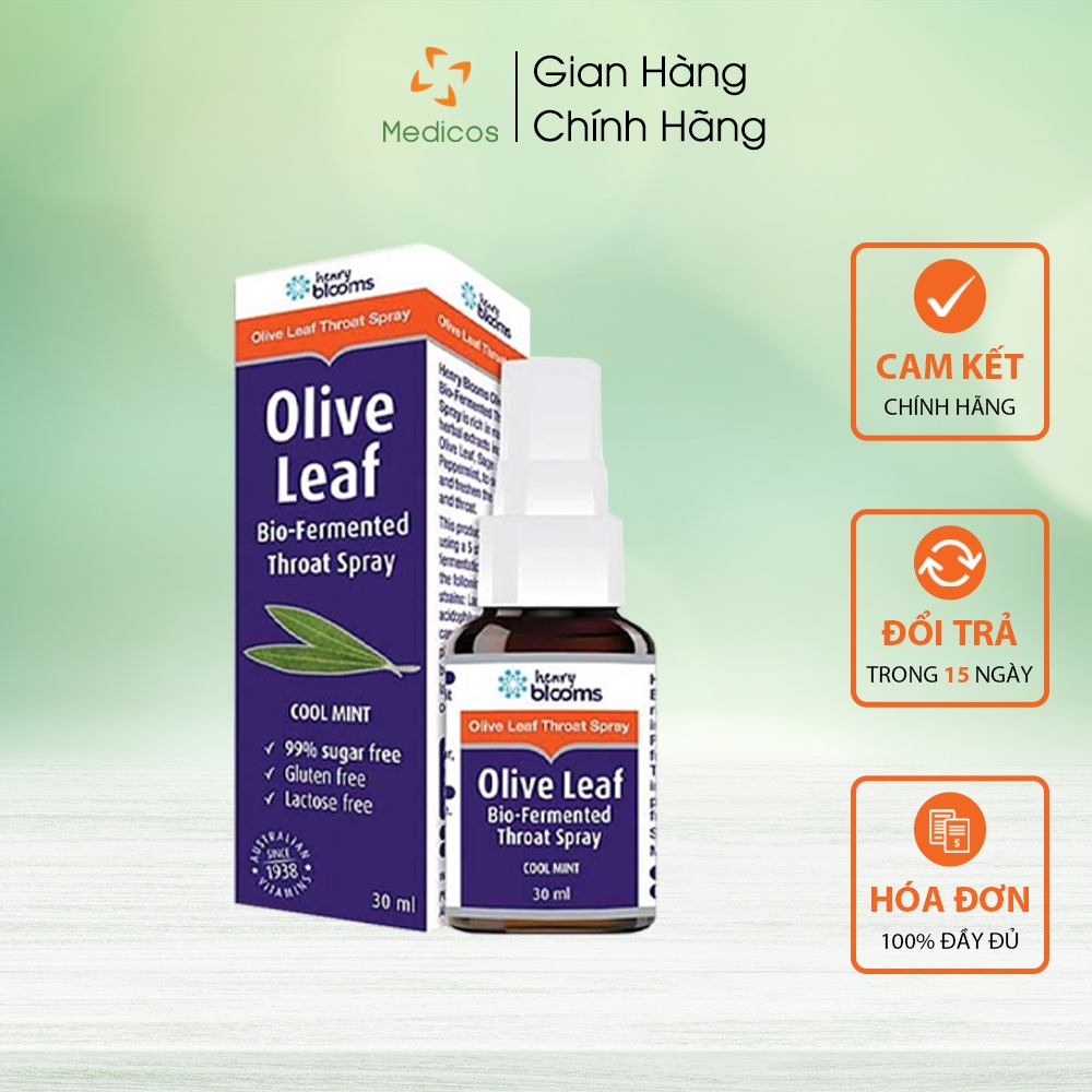 Xịt Viêm Họng, Thơm Miệng Henry Blooms Olive Leaf Bio Fermented Throat Spray 30ml