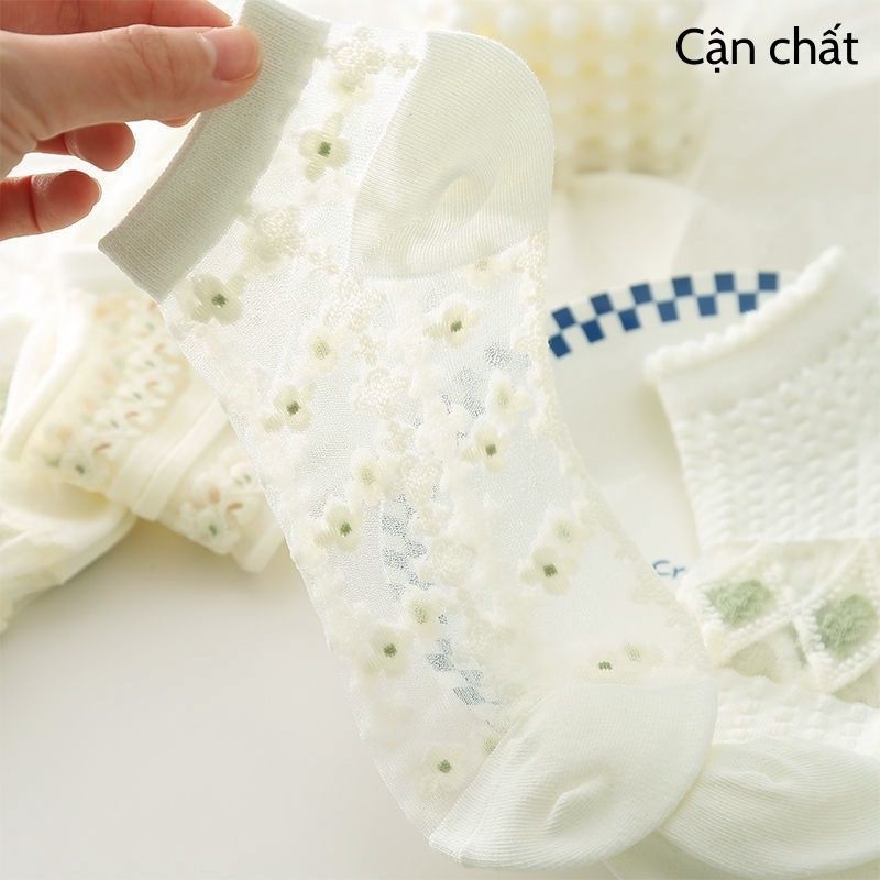 Combo 8 đôi tất cổ ngắn lưới mỏng thấm hút hoạ tiết hoa màu dễ thương
