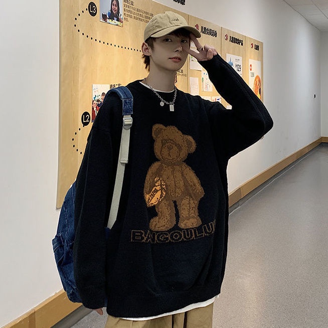 Áo sweater dệt kim dáng rộng in hình gấu hoạt hình kiểu Nhật Bản thời trang thu đông cho nam
