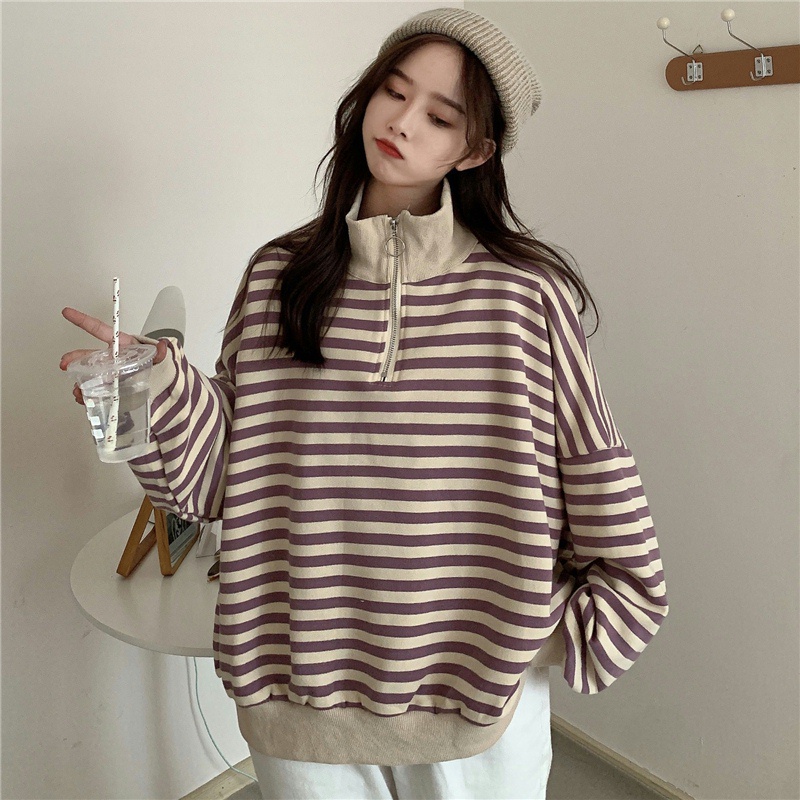 Áo sweater tay dài cổ bẻ kẻ sọc caro phối khóa kéo kiểu Hàn Quốc cá tính | BigBuy360 - bigbuy360.vn