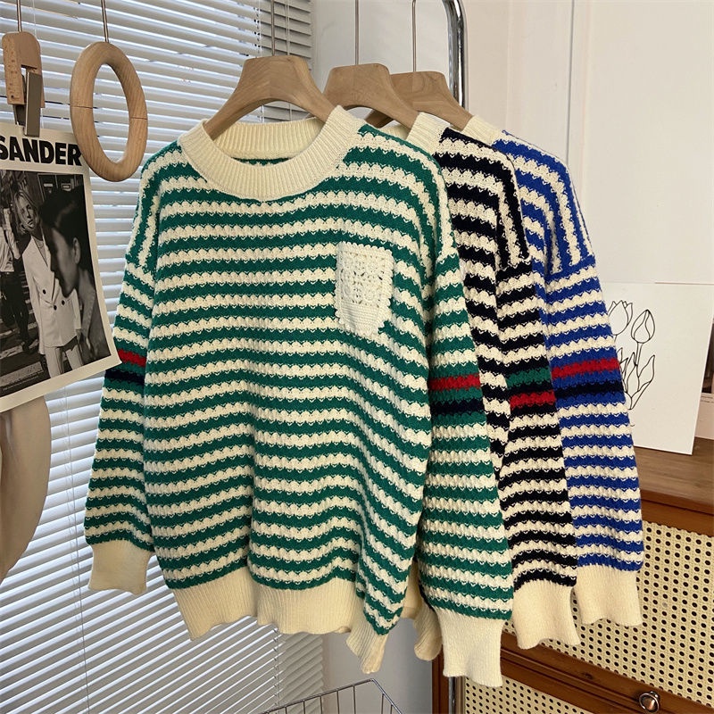 Áo sweater Dệt Kim Cổ Tròn Dáng Rộng Kẻ Sọc Màu Sắc Tương Phản Thời Trang Thu Đông Cho Nữ