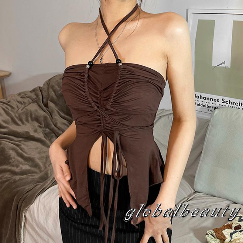 Áo Croptop Màu Trơn Dây Rút Cổ Yếm Kiểu Bất Đối Xứng Thời Trang Cho Nữ