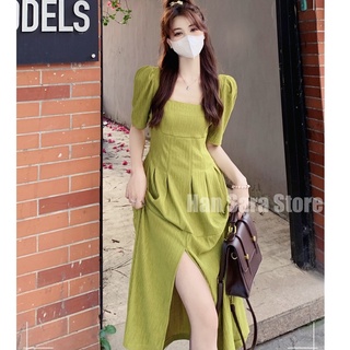 Váy dài maxi cổ vuông màu be xanh cốm cộc tay ngắn