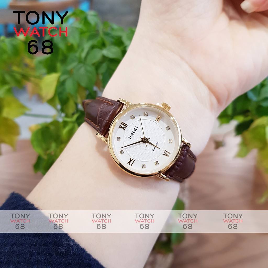 Đồng hồ nữ Halei dây da nâu mặt số la mã nhấn đá chống nước chính hãng Tony Watch 68 | BigBuy360 - bigbuy360.vn