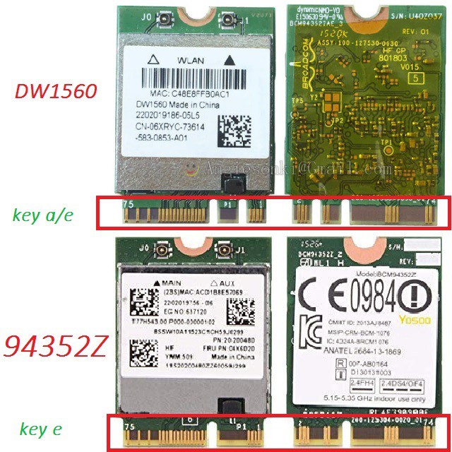 Card wifi cho laptop Broadcom BCM94352Z - DW1560 băng tần kép (Hackintosh M.2/NGFF-2230)