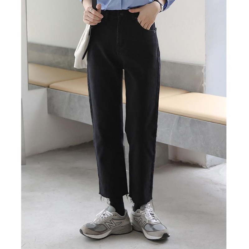 IELGY Quần Jean Nữ Cạp Cao Ống Đứng Màu Đen Dễ Phối Đồ Phong Cách Hàn Quốc