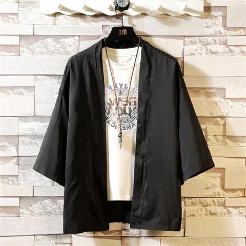 Áo khoác kimono tay lửng dáng rộng màu trơn phong cách retro Nhật Bản cho nam