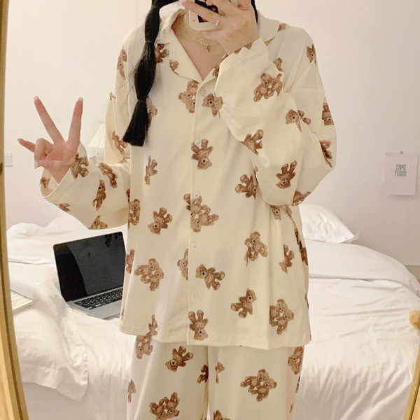 Bộ ngủ pijama dài tay gấu misa vải cotton