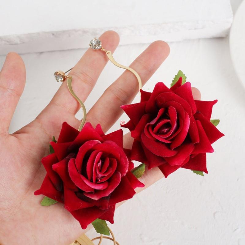 Khuyên Tai Dáng Dài Hình Hoa Hồng Đỏ 3D Thời Trang Lãng Mạn Tinh Tế Dành Cho Bạn Nữ Tuổi Teen Làm Vườn
