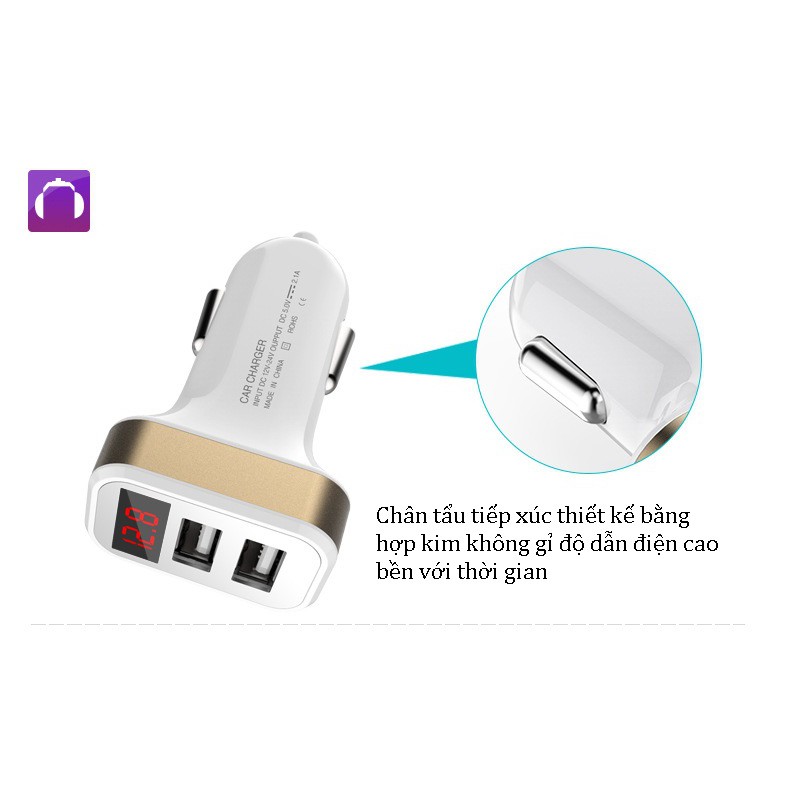 Tẩu sạc kép 2 usb CÓ BÁO ĐIỆN ÁP hỗ trợ sạc nhanh trên ô tô điện 12-24V