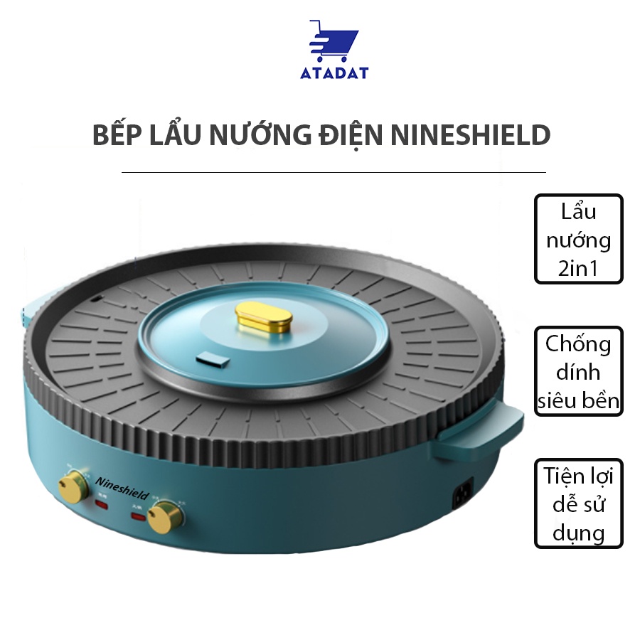 [ Bảo hàng 12 tháng ]Bếp lẩu nướng điện đa năng 2 in 1 Nineshield, Nồi lẩu nướng 2 ngăn nội địa Trung