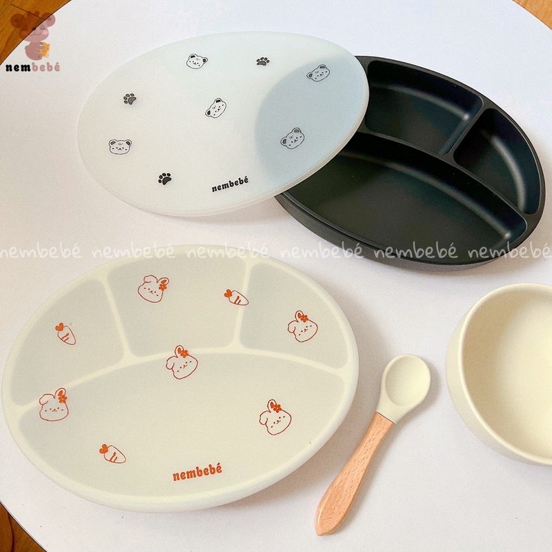 Ảnh Thật Khay Ăn Dặm Hình Oval Silicon Cấp Thực Phẩm, Đế Hít Chân Không Chống Đổ Chống Lật - NemBeBé