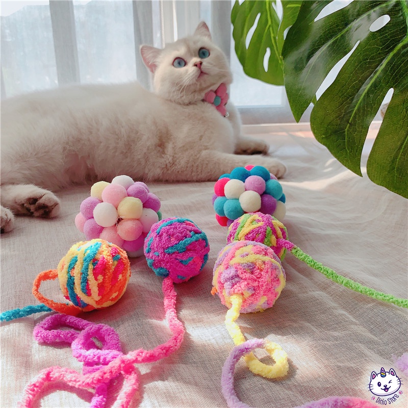 Bóng đan len đồ chơi cho mèo nối dây nhiều màu sắc - Gắn thêm chuông - Diniopet