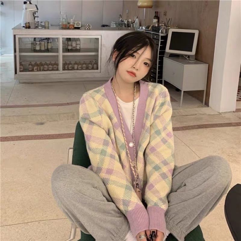 Áo khoác len cảdigan kẻ màu tím chất dày dặn trẻ trung ngọt ngào ulzzang Hàn Quốc